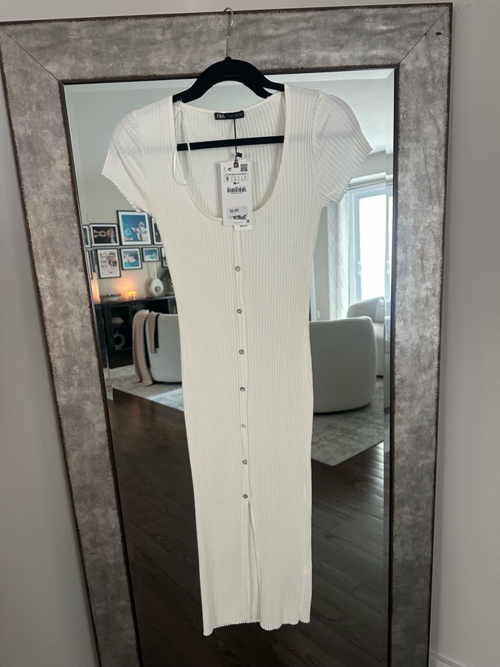 Zara Cream Ribbed Button-Front Midi Dress